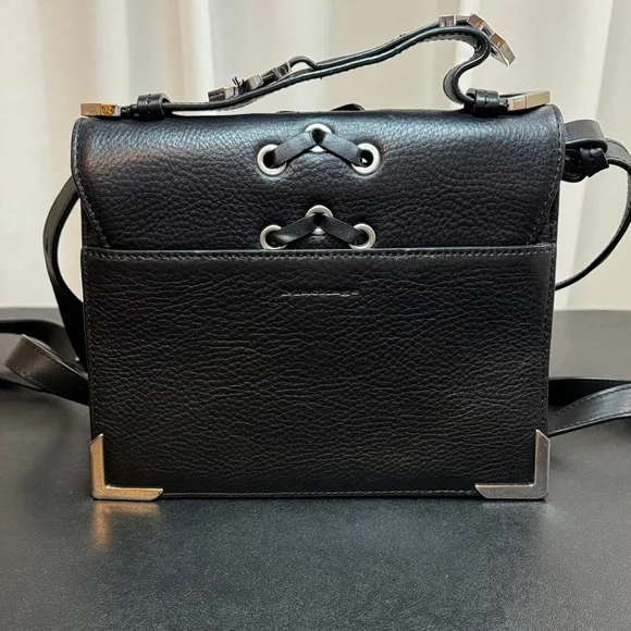Mackage Black Pebbled Leather Crossbody Bag Arrow Detail & Hardwear Motorcycle - Picture 3 of 12